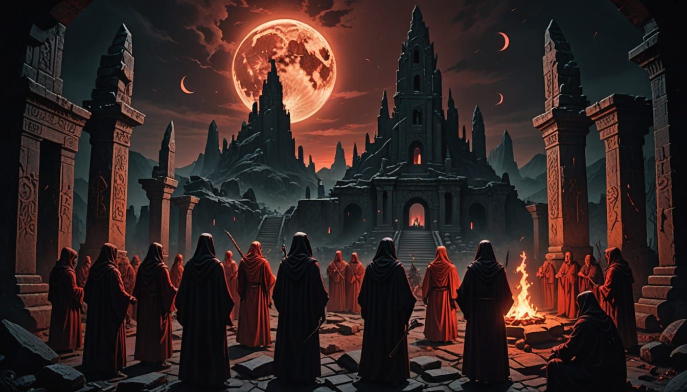 A circle of robed figures performing a ritual under a blood moon ...