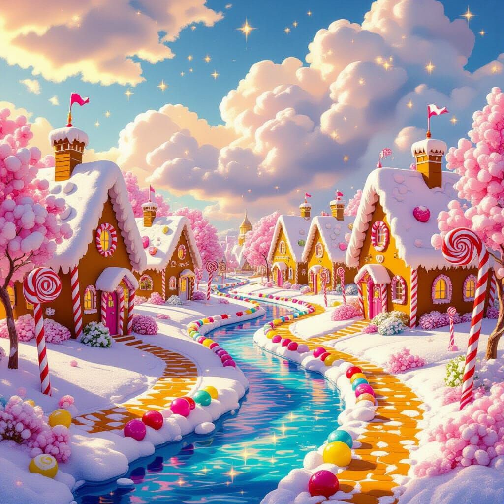 A whimsical village built entirely from colorful candy canes, gingerbread houses, and gumdrop pathways. ...  by @Obi-Wan Artphobia