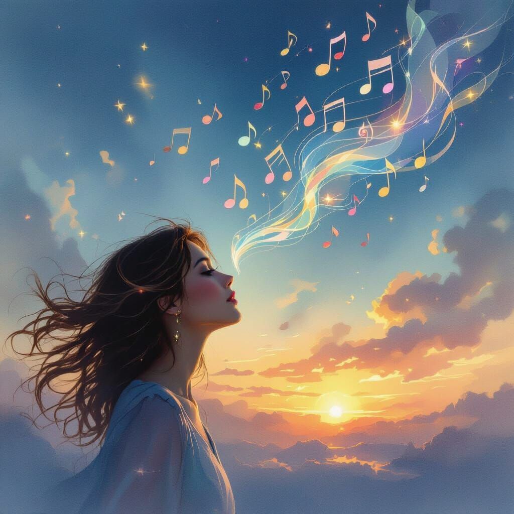 Woman's Voice Carried on Wind with Musical Notes and Light