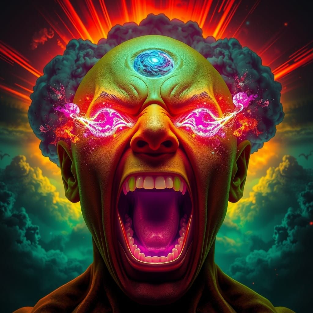 A human face, distorted in a raw, anguished scream, eyes bul...