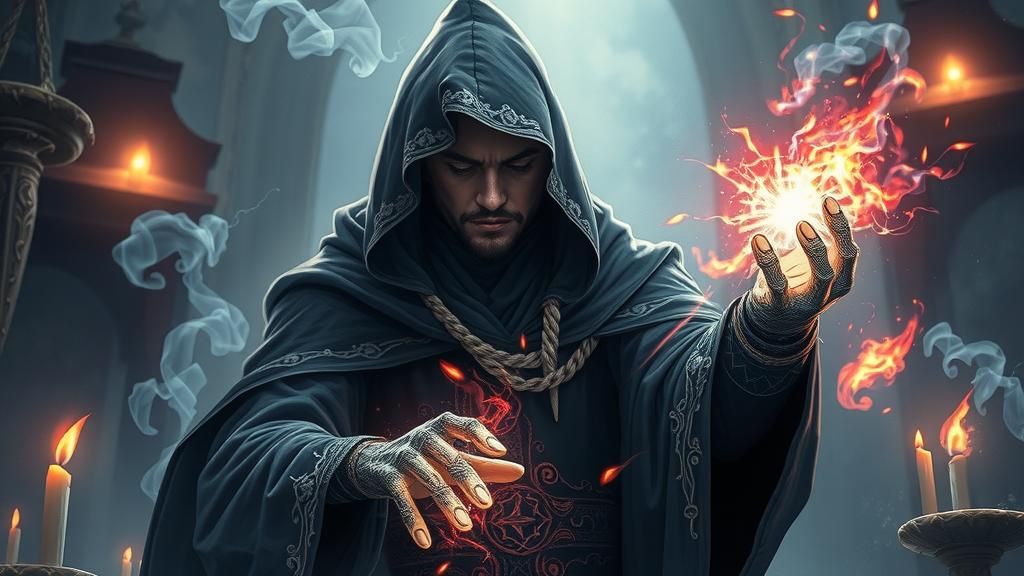 A mysterious mage casting a powerful spell, surrounded by magical effects and a mystical atmosphere. holographic oil on canvas, photorealism...