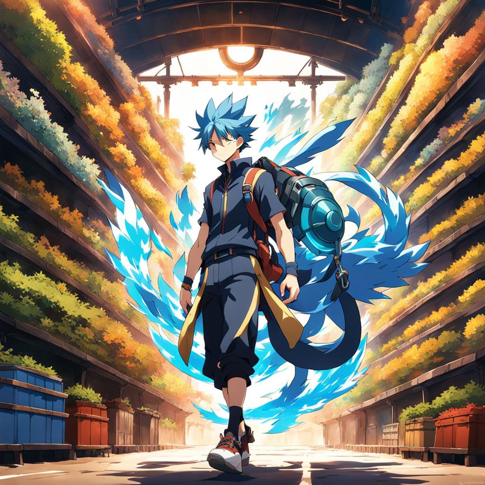 full body male pokemon trainer with blue hair with white background in