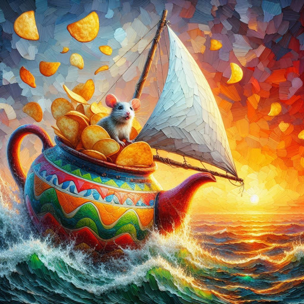 Sailing mouse on a teapot with crunchy chips