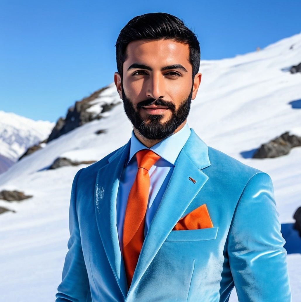 A handsome bearded man wearing a blue velvet suit with shirt...