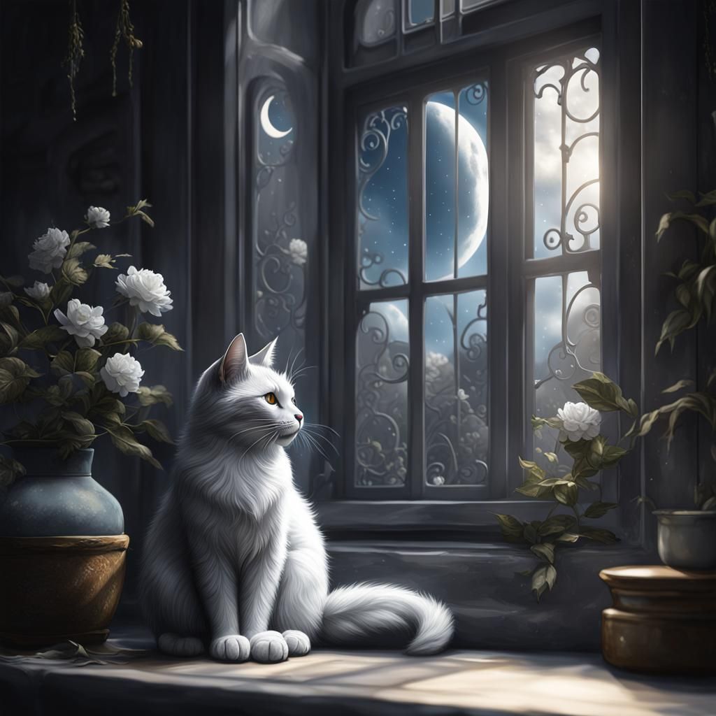 A beautiful Grey and white Mooncat sitting by the window loo...