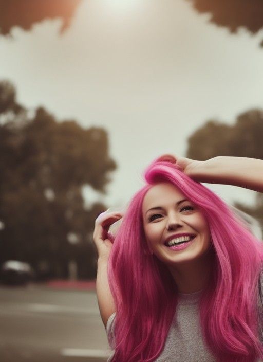 Happy woman pink hair