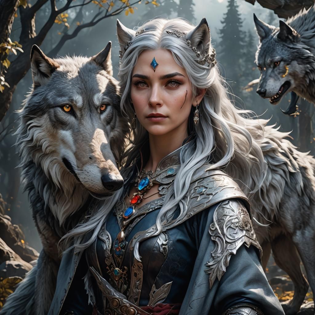 silver hair lady with wolf