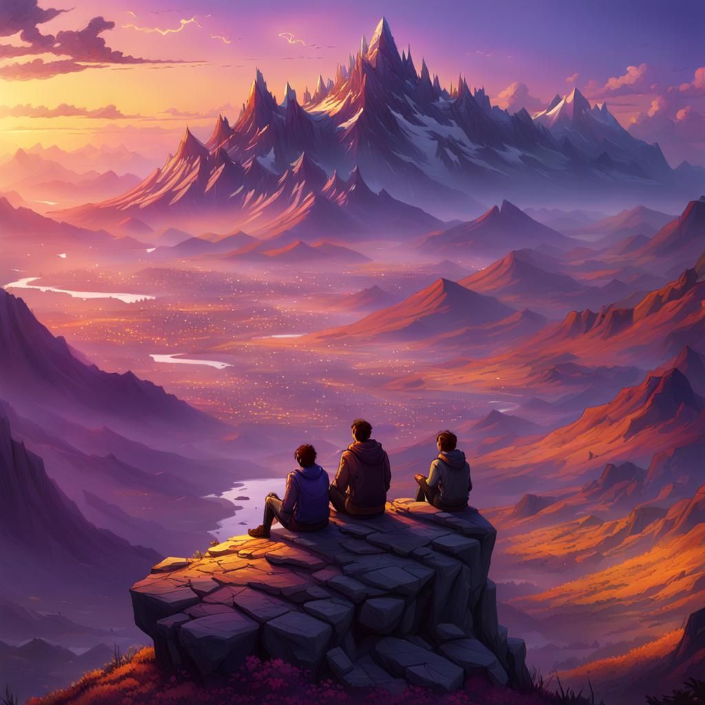 couple sitting on top of the mountain enjoying the sunset