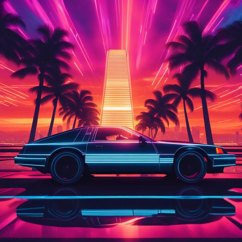 from side, miami vice style, Tron style, synthwave style sun...