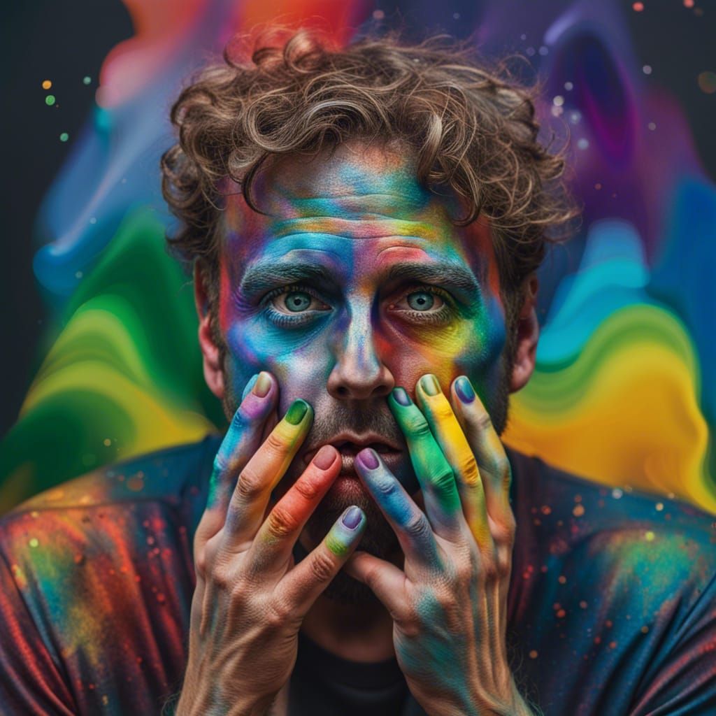 a man with his face painted in rainbow colors with his hands...