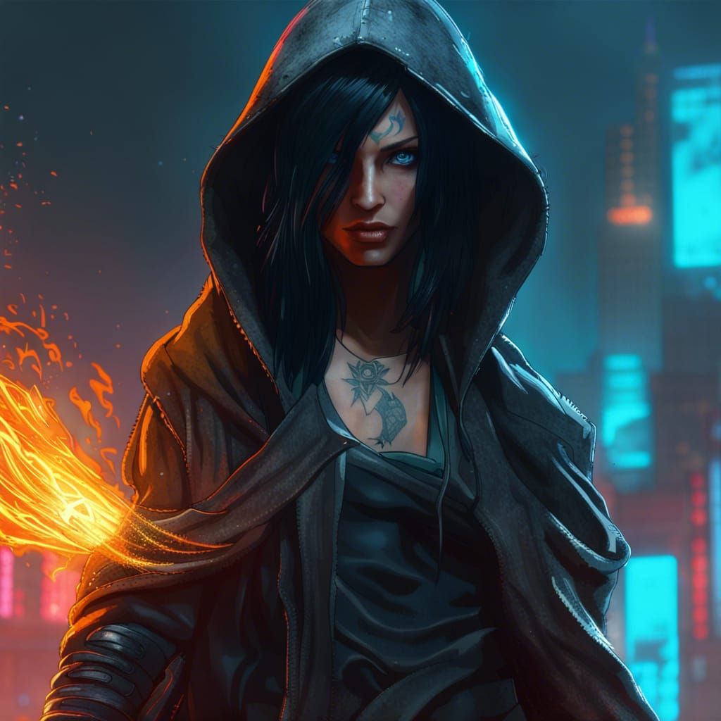 Sorcerer, female, athletic build, flowing raven black hair, icy blue eyes, tattoos on arms, dark edgy attire, black jean...