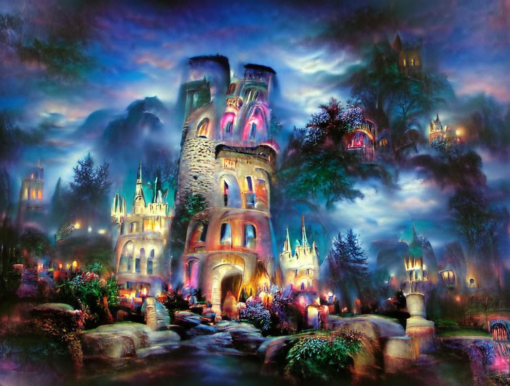 enchanted gothic forest castle at night