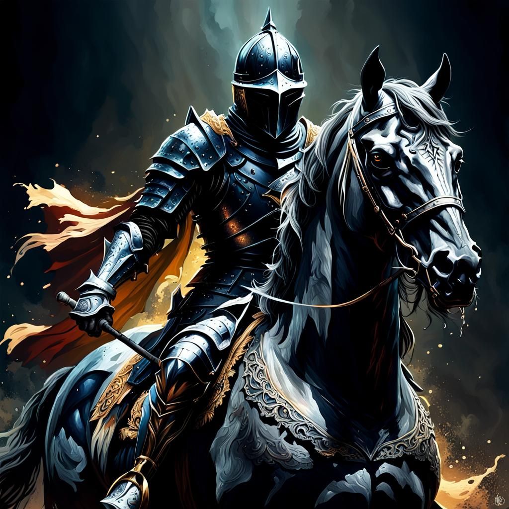 a dark medieval knight on a horse that melts into the shadows - AI ...