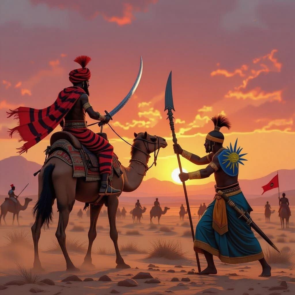 A mounted warrior of the Empire of near-harad with arab facial features,wearing a red & black striped turban with red & black striped scarf ...