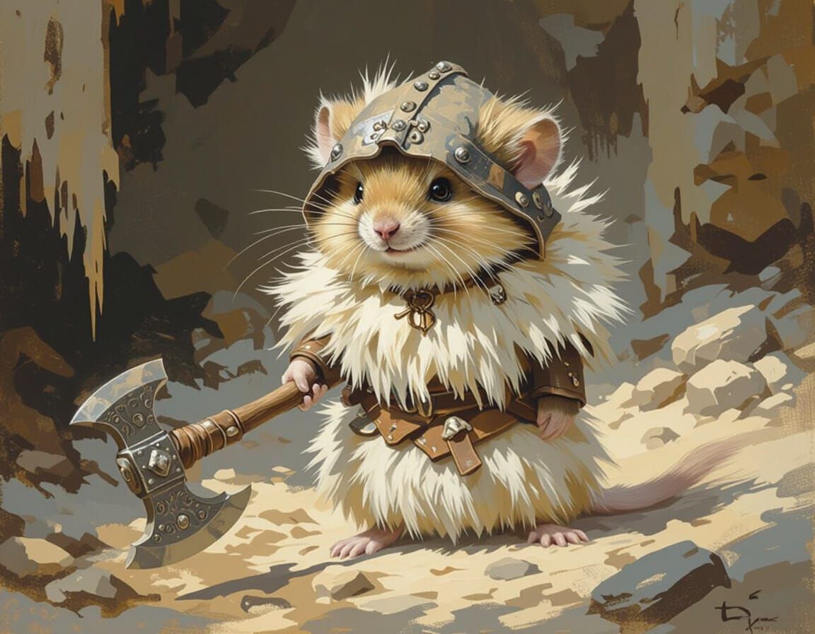A small, fluffy pika mouse, standing on its hind legs, paws are covered in soft fur, tail is hidden from view,  dressed as a barbarian from ...