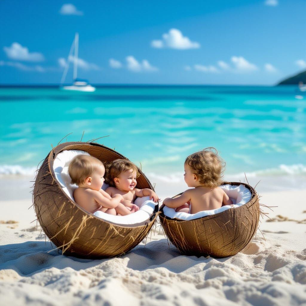 Babies in Coconut Halves on Beach Shore