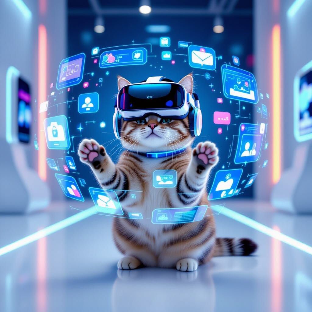 a Gen Alpha cat interacting with augmented reality. The cat is surrounded by floating holographic interfaces, ...  by @Cj Wut
