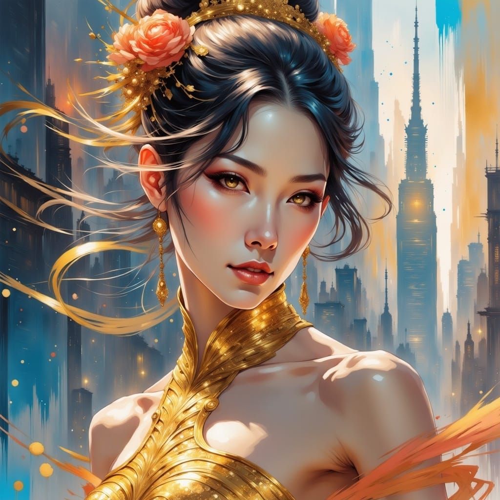 <lora:Genshin Ultra:1.0>; 8k; cell shaded comicbook style; a stunning asian womans face head and shoulders dancer; dance dress; genshin impa...