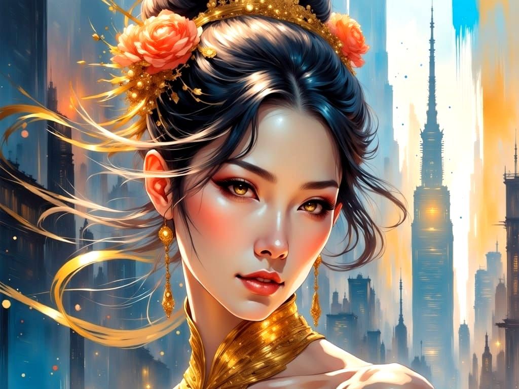 <lora:Genshin Ultra:1.0>; 8k; cell shaded comicbook style; a stunning asian womans face head and shoulders dancer; dance dress; genshin impa...
