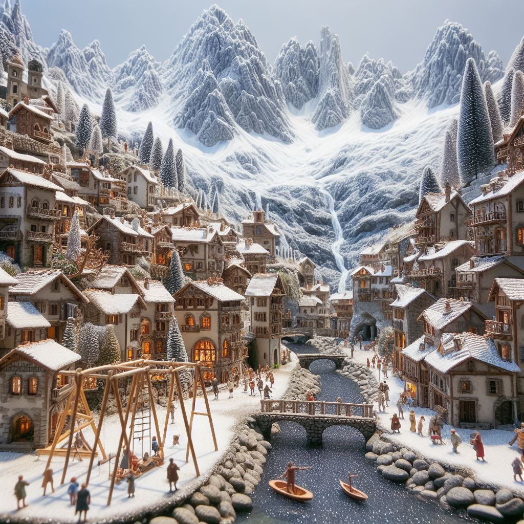 Snowy Italian mountain landscape, miniature
