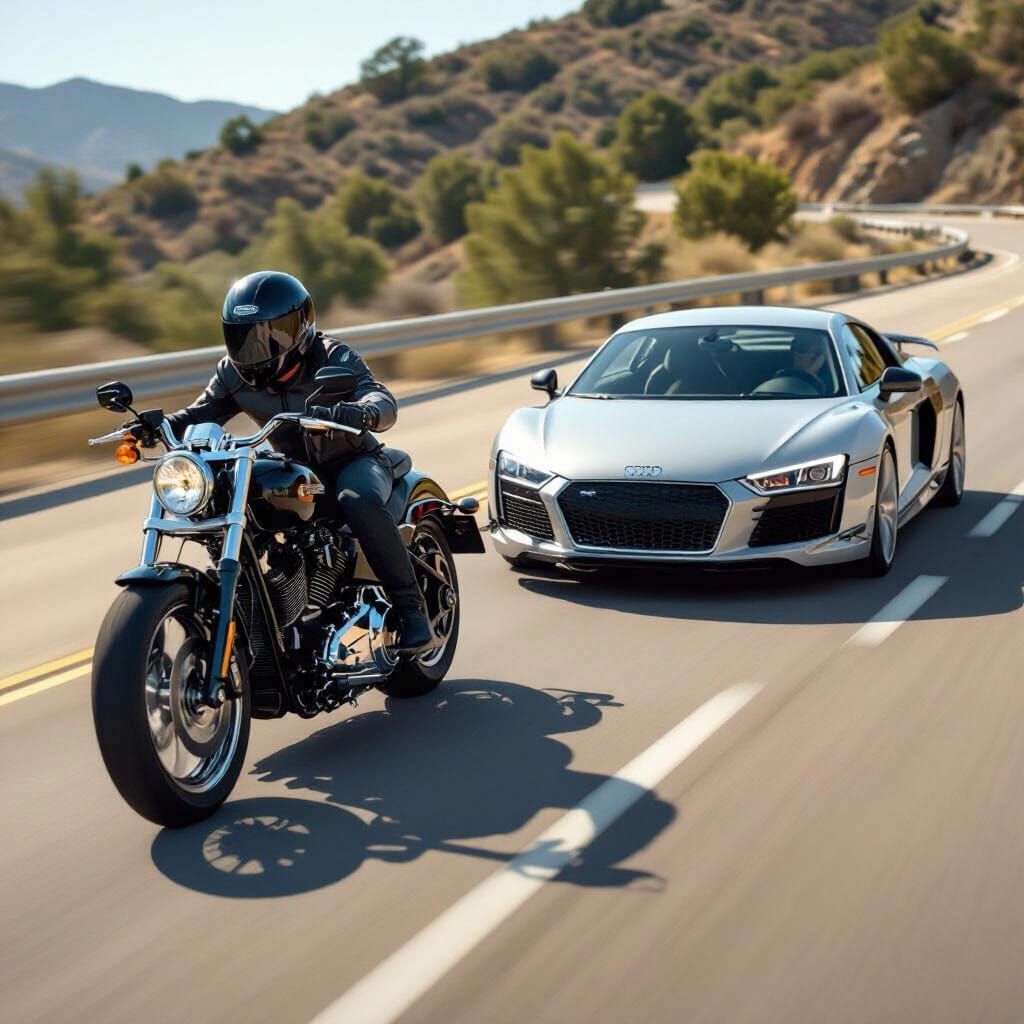 Create image a black Harley Davidson motorcycle with another silver Audi R8 car on the highway racing 