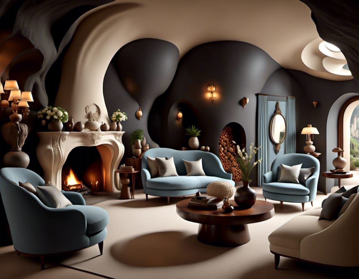 <lora:CaveHome:1.0> living room furnished with decorative vases, ornated lamps, houseplants, a lit fireplace, inbuilt furniture carved from...