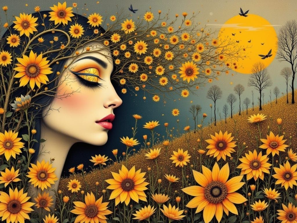 <lora:Luxaria:1.0> A surreal side profile portrait of a woman with elongated proportions, her face extending like a flower reaching toward s...