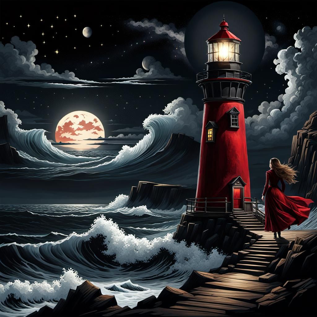 Lighthouse with blood moon  by @SucupiraPT