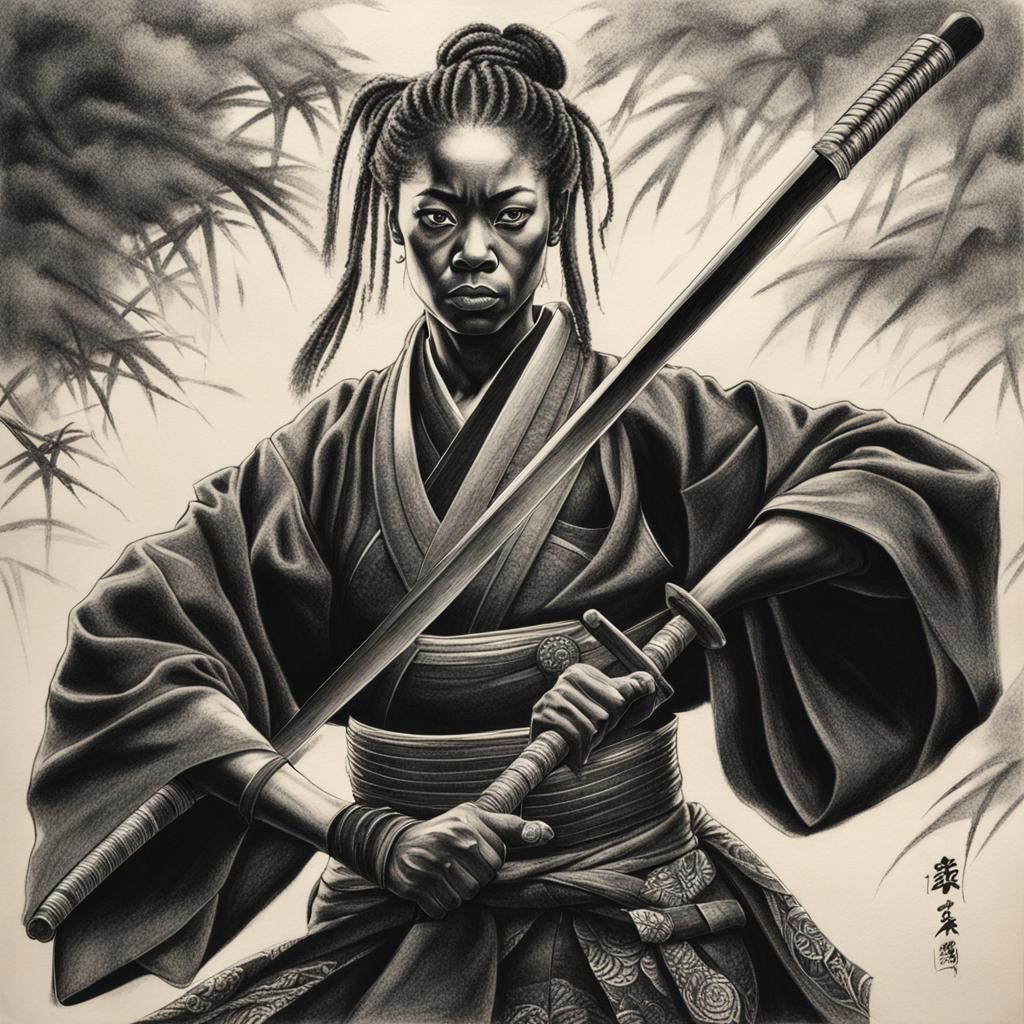 BLACK FEMALE SAMURAI DRESSED IN A BLACK KIMONO, HOLDING A KA...
