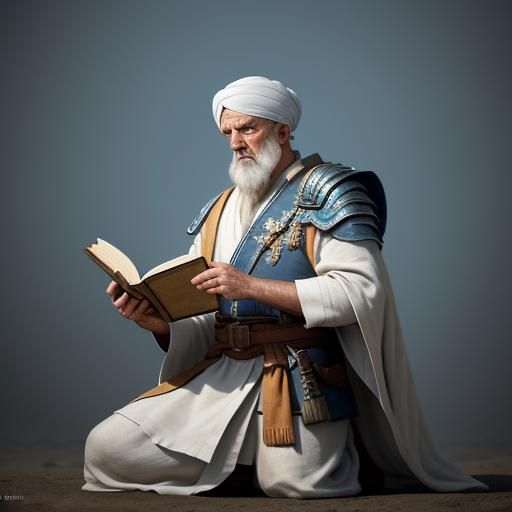 Greek Soldier Kneels Before Linen-Robed Man: Digital Art