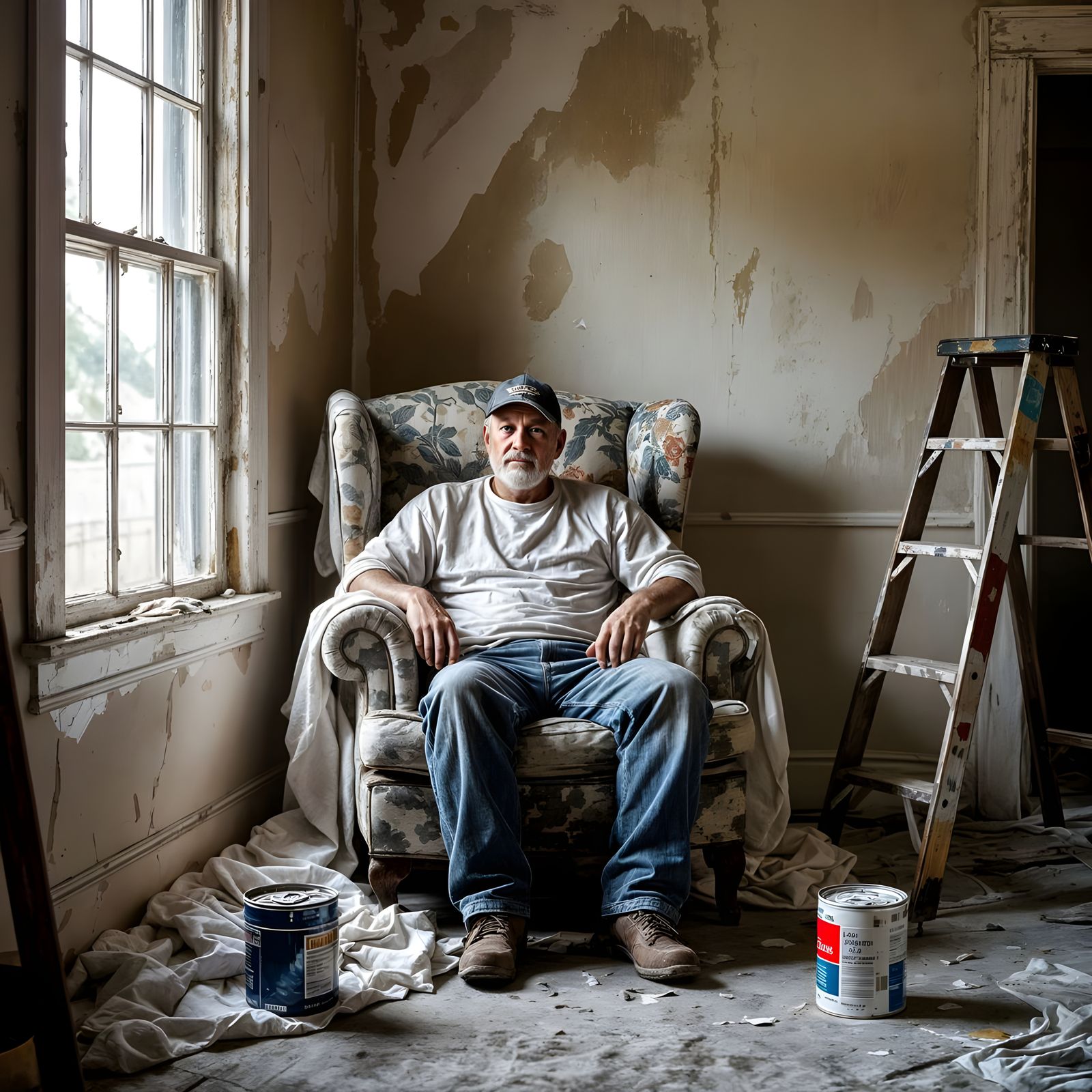 A Weary Homeowner Pauses For a Moment Amid The Chaos In-Between The Old Look and The New One  by @Evan Fischer