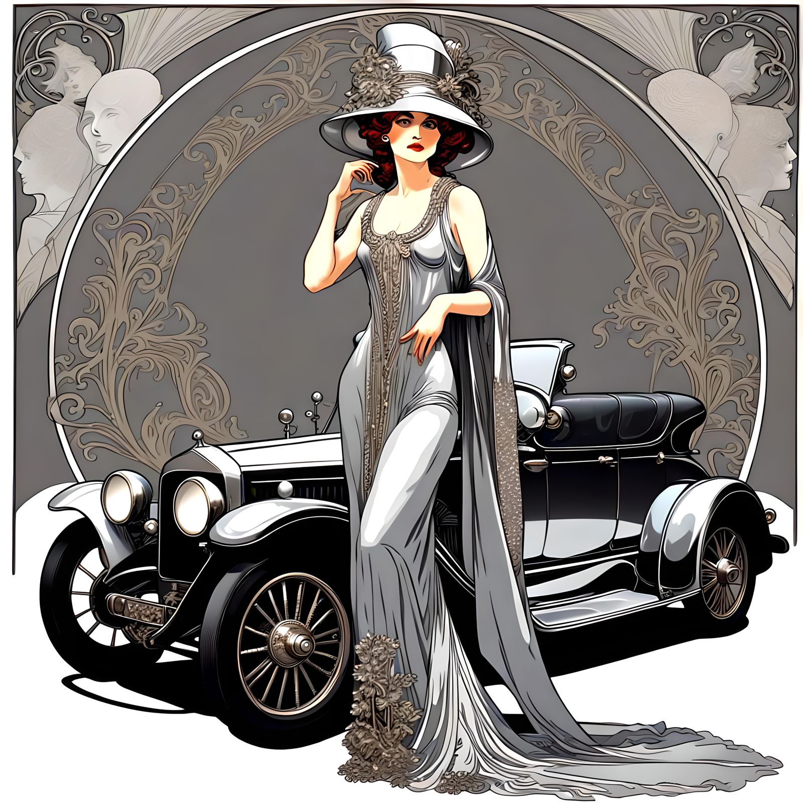 Woman wearing a slinky silver art nouveau dress standing in ...