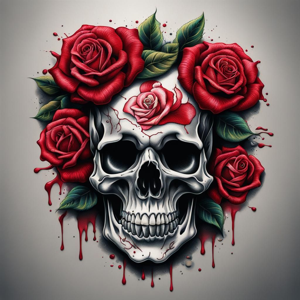 skull red rose embroidery tattoo