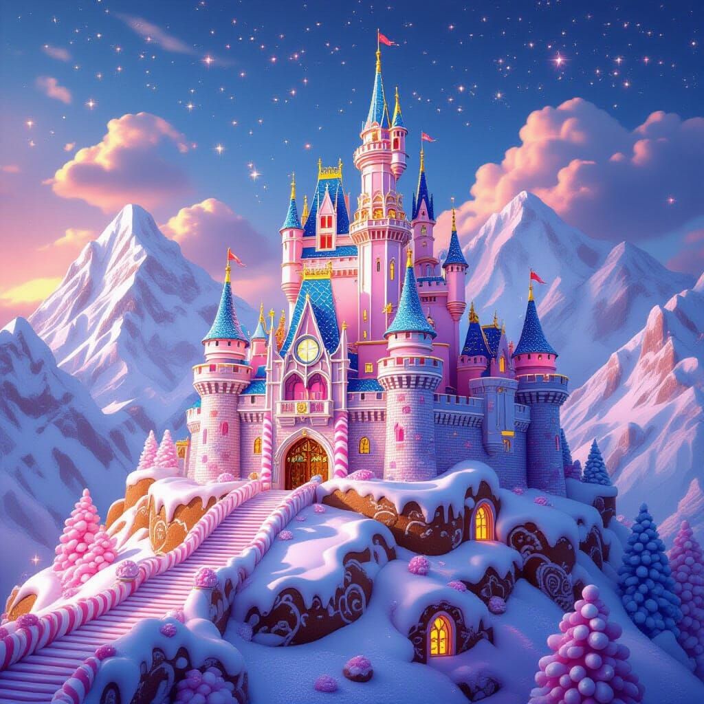 A majestic castle constructed entirely from shimmering hard candy and frosted gingerbread, perched atop ...  by @Unca_C