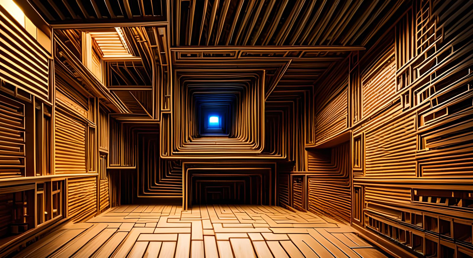 A carved labyrinth in a hollow cube inside another hollow cu...