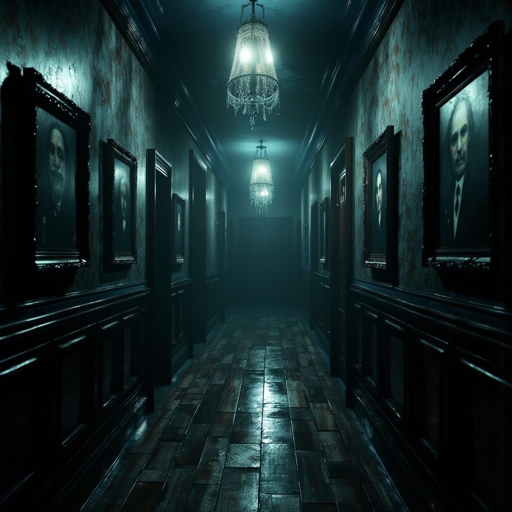 <lora:MJ6 NightmareFlux:1.0> a spine-chilling scene of a dimly lit hallway in an old Victorian mansion, where antique portraits lining the...