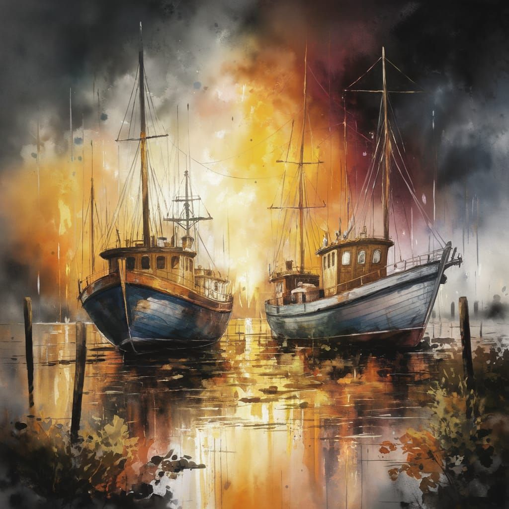 Create a Watercolor oil painting with alcohol drip of a boatyard on a stormy afternoon  by @Nednut4362