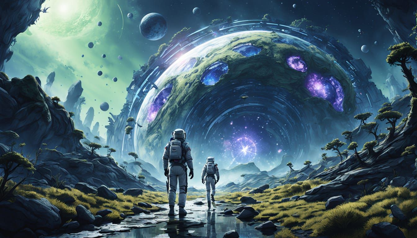 Sci-fi concept art of a lone explorer in a detailed white and blue spacesuit stepping off a small rugged ...  by @Kemeral