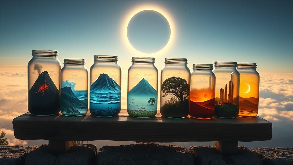 A hyper-realistic, ultra-HD fantasy setting with eight large glass jars arranged neatly on a weathered ...