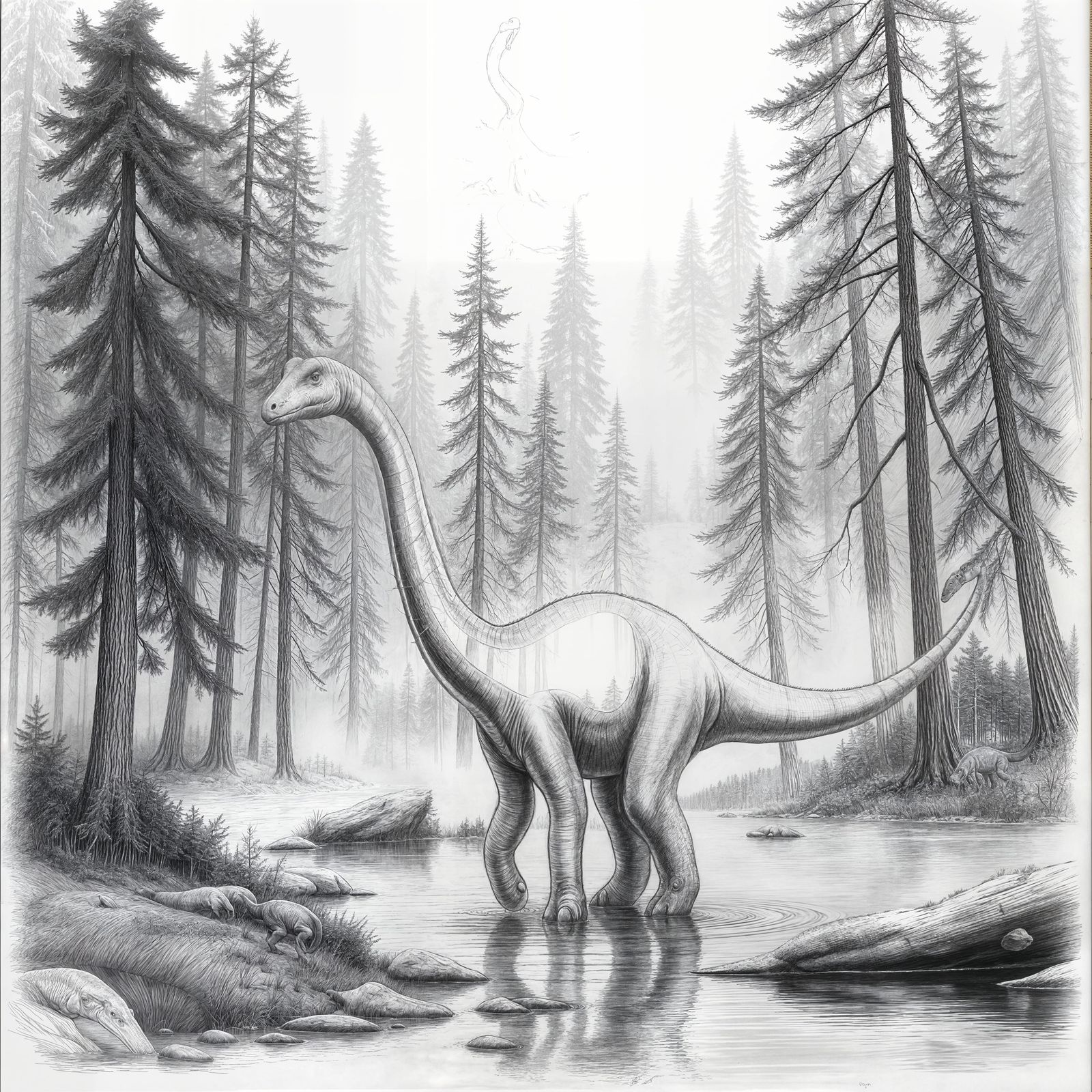 Brontosaurus in Conifer Forest: A Pencil Sketch