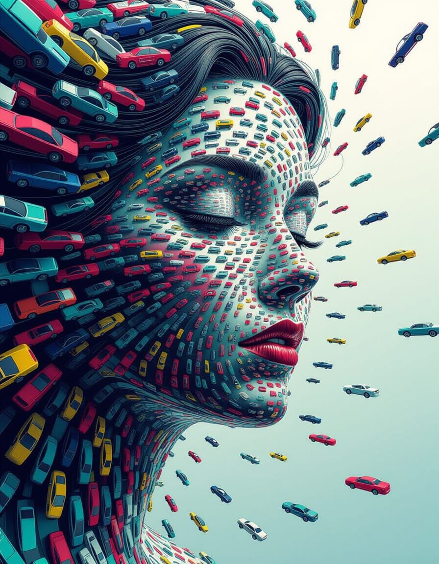 optical illusion art. Extreme Droste Effect shot. A woman's face is composed of countless tiny cars, ...  by @BRD
