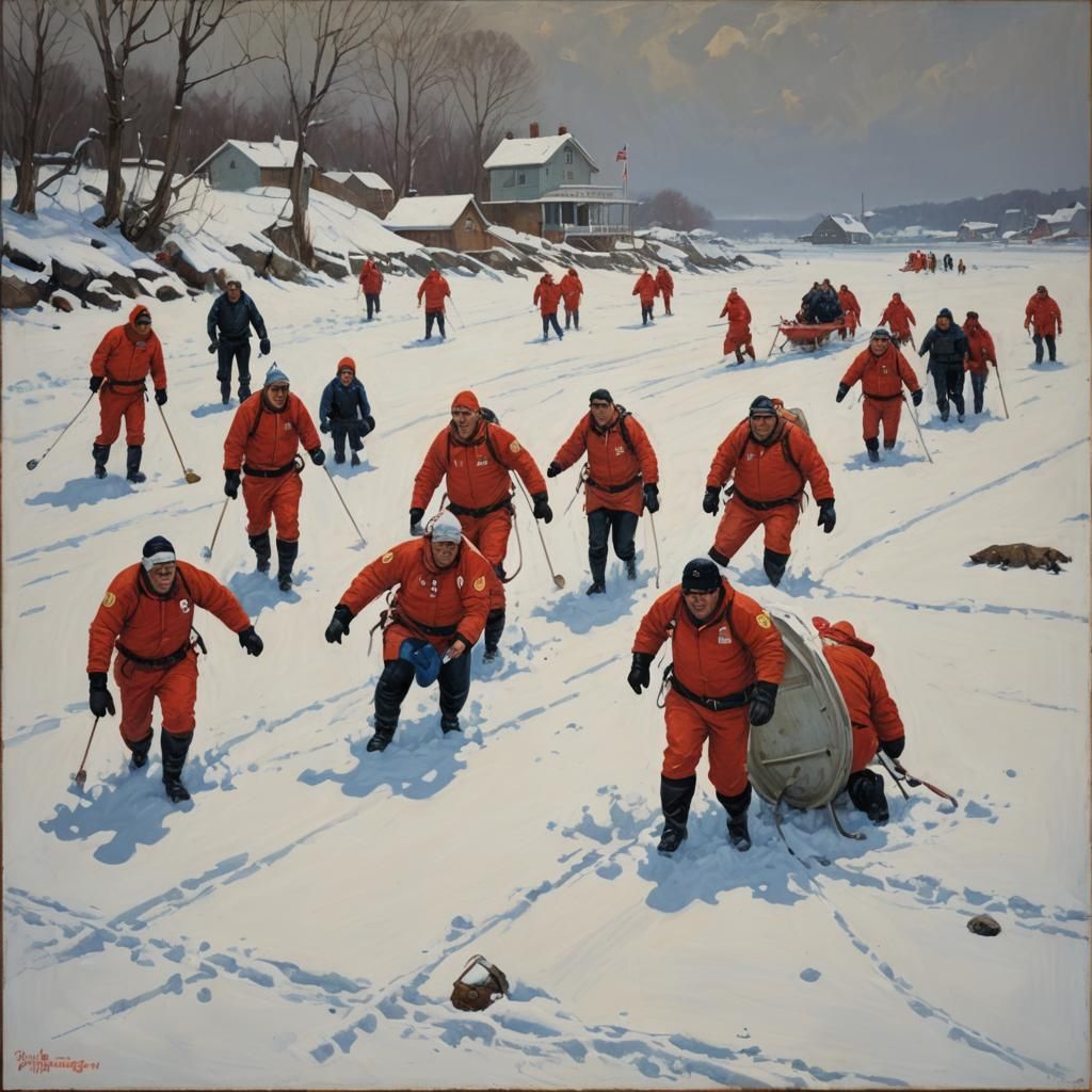 The Brotherhood of Portly Lifeguards on their winter manoove...