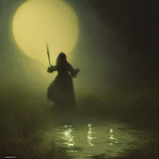 A white specter coming out of a Haunted house under the full...