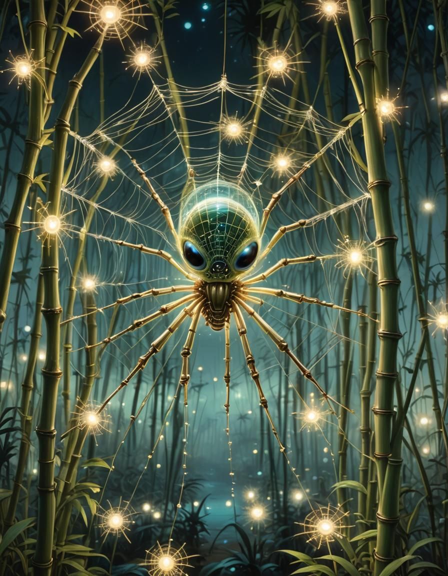 Alien Sparkling Spider spinning luminous web - AI Generated Artwork ...