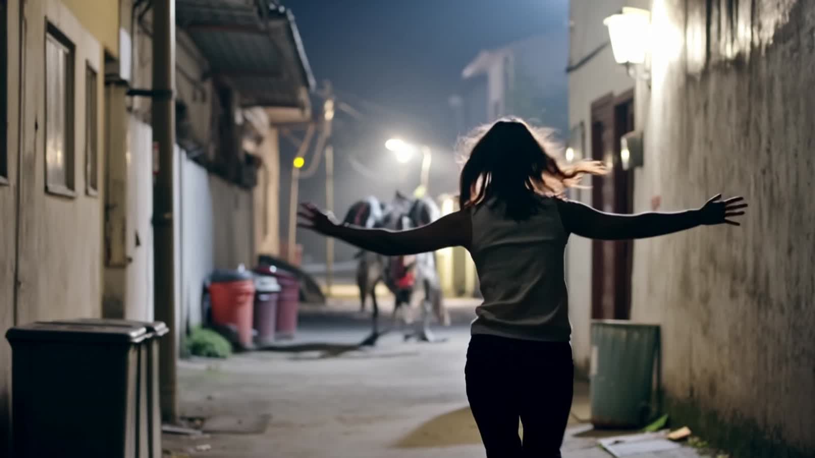 Chasing her zombie chicken pet.