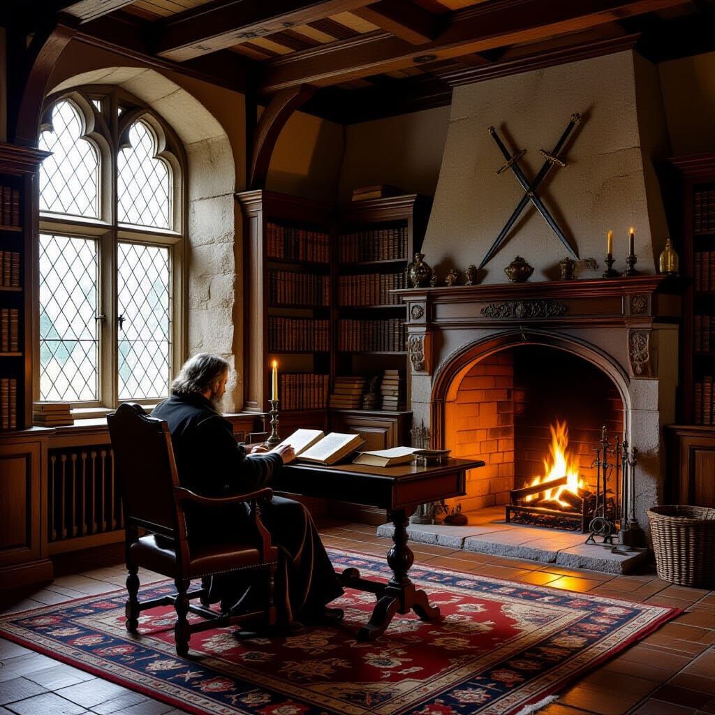 I see a quiet medieval study in a medieval half-timbered house, a window illuminating the room. A large work table with a chair, a candle an...