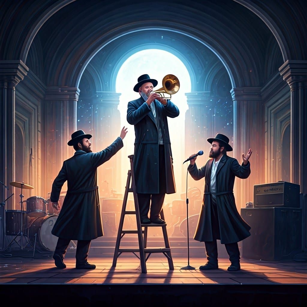 Hasidic Musicians Shine on Stage Under Vibrant Moonlit Atmos...