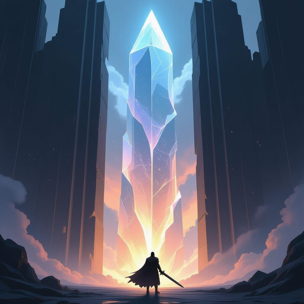 A lone knight, clad in obsidian armor, stands before a colossal, crystalline gateway that pulses with raw, untamed energy. The gateway stret...