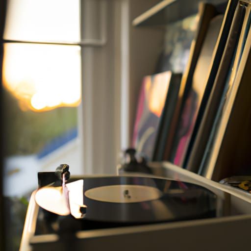 old fashioned room with record player and record shelves, su...