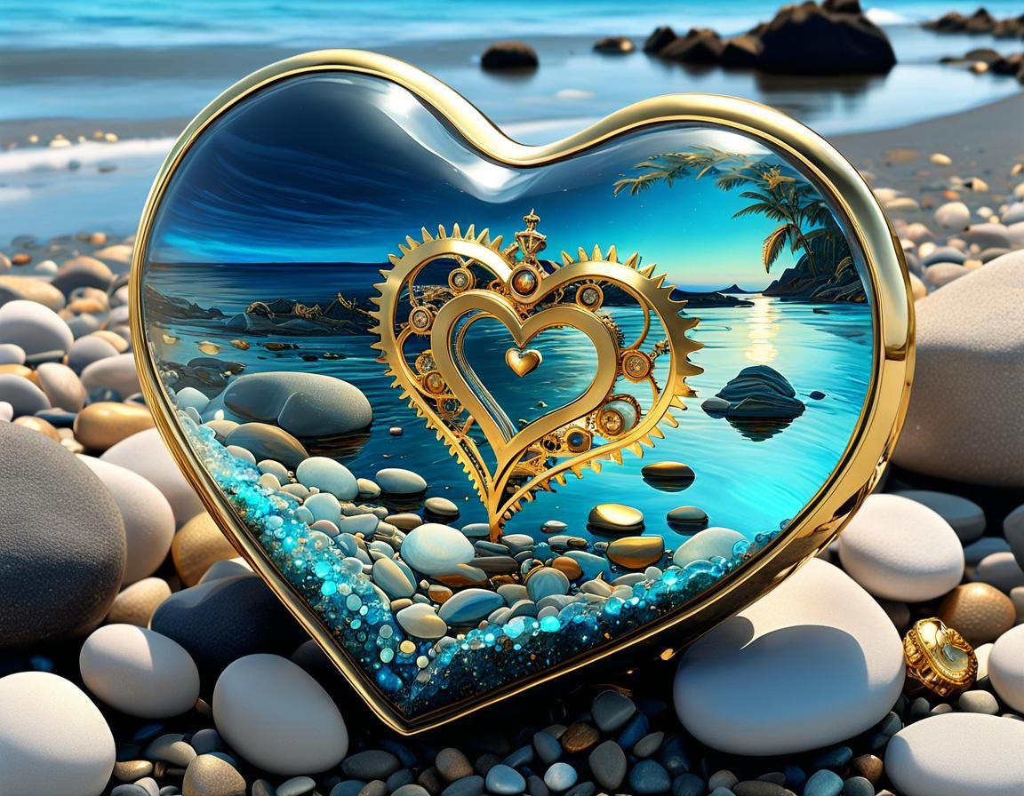 A beautiful steampunk glass and gold heart  washed up in a pebble shore, textured seat water, fantasy ...  by @Summerchild